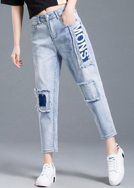 Belle lettre haute taille bleu clair imprimé jeans en denim coton été