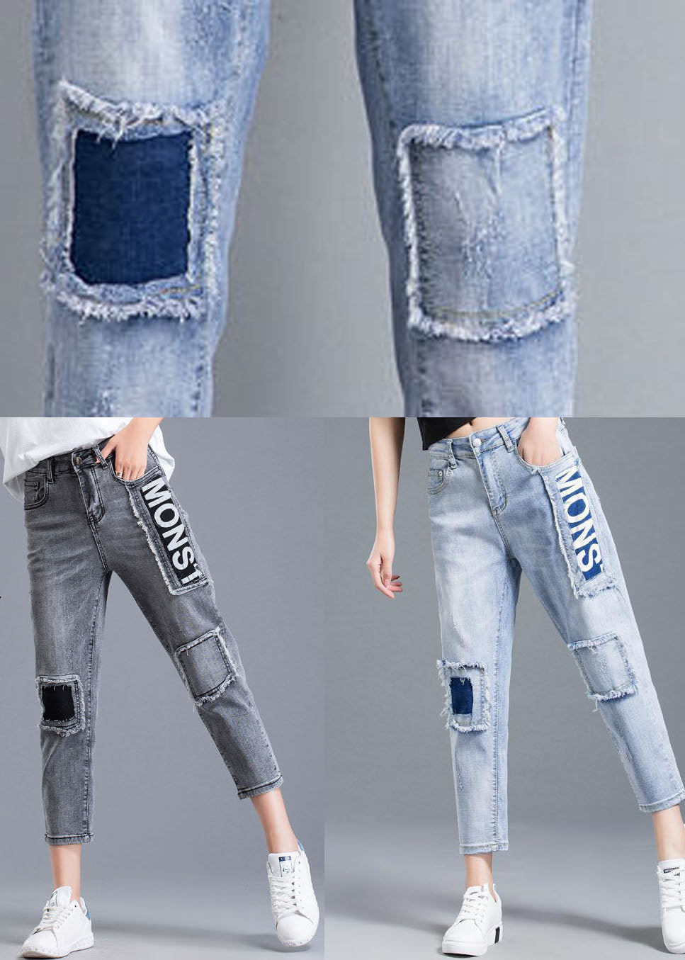 Belle lettre haute taille bleu clair imprimé jeans en denim coton été