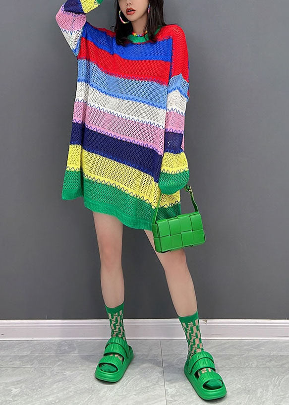 Beautiful Multi Striped O-Neck Hollow Out Knit Sweater Dress Winter