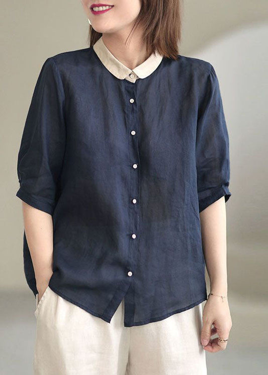 Beautiful Navy Peter Pan Collar Button Loose Fall Half Sleeve Shirt Tops