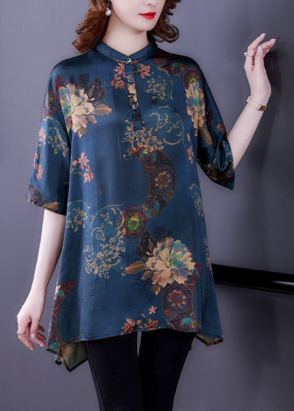 Beau Navy Stand Collar Print Silk Tops Half Mancheve