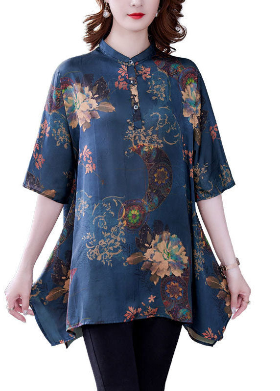 Beau Navy Stand Collar Print Silk Tops Half Mancheve