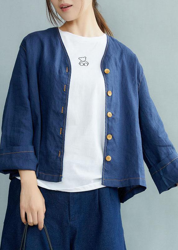 Beautiful Navy V Neck Button Fall Long sleeve Coat - SooLinen