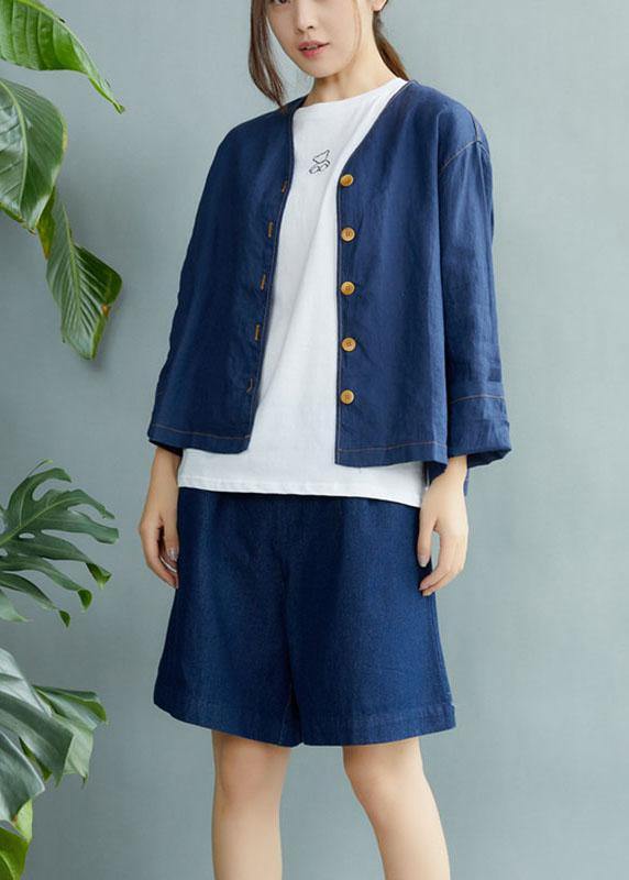 Beautiful Navy V Neck Button Fall Long sleeve Coat - SooLinen