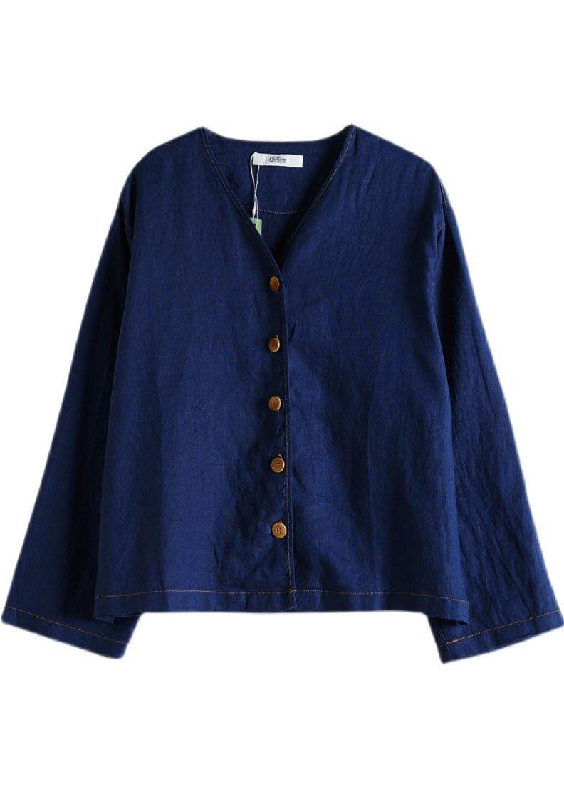 Beautiful Navy V Neck Button Fall Long sleeve Coat - SooLinen