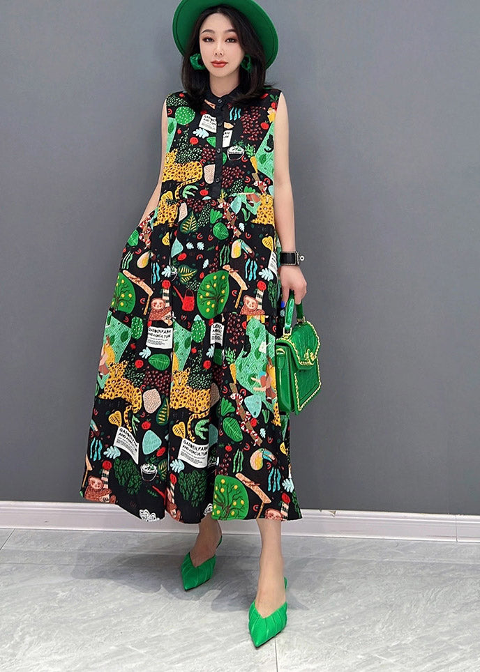 Beautiful O-Neck Print Button Pockets Long Dress Sleeveless