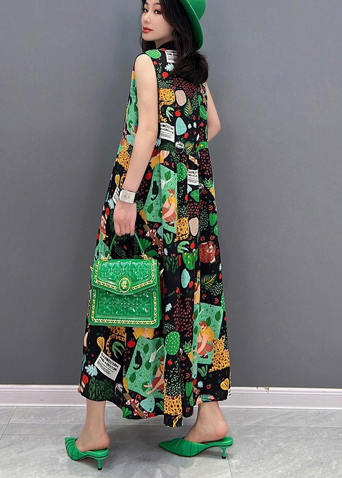 Beautiful O-Neck Print Button Pockets Long Dress Sleeveless