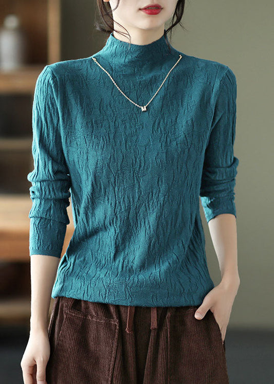 Beau PEACOCK Blue High Necy Solid Solid Cotton Tops Fall