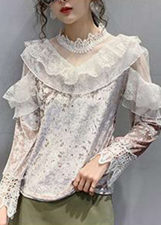 Belle chemise à fond en tulle en lacet à col roulé rose