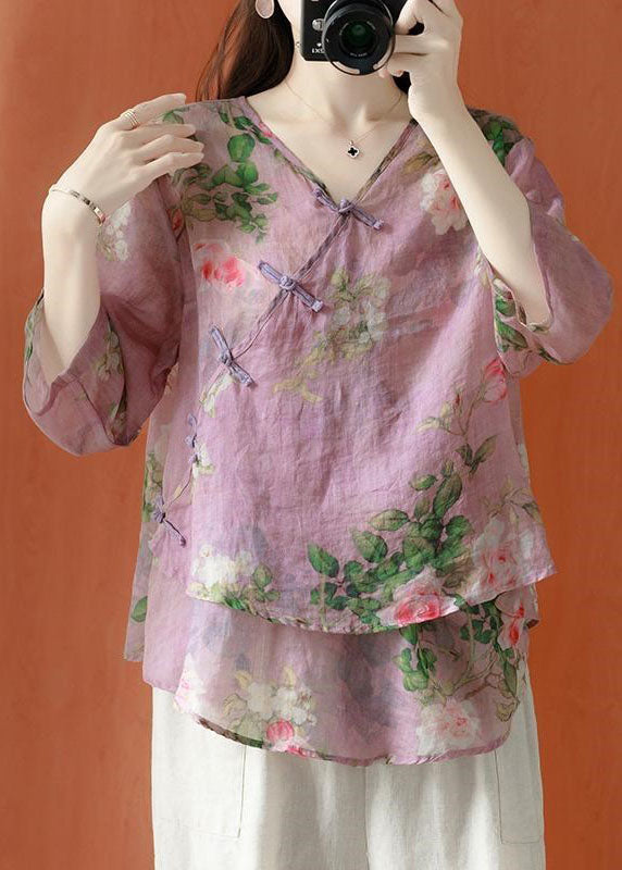 Beau pain de lin à imprimé asymétrique violet Blouses demi-manches