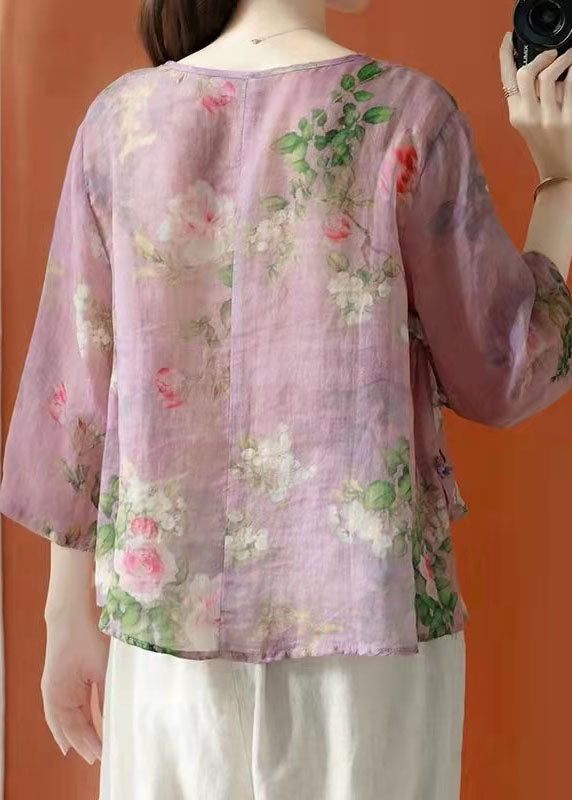 Beau pain de lin à imprimé asymétrique violet Blouses demi-manches