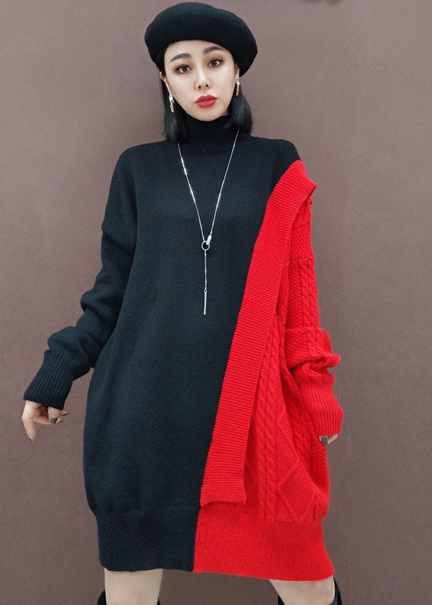 Belle robe de tricots patchwear à collier rouge rouges hiver