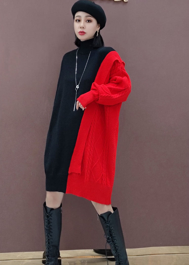 Belle robe de tricots patchwear à collier rouge rouges hiver