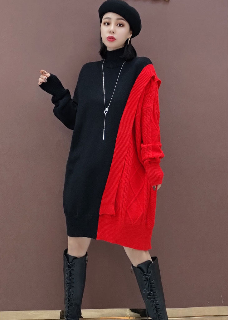 Belle robe de tricots patchwear à collier rouge rouges hiver