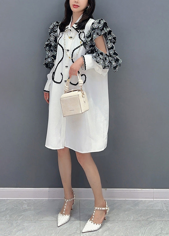 Beautiful White Peter Pan Collar Print Button Maxi Shirts Dresses Puff Sleeve