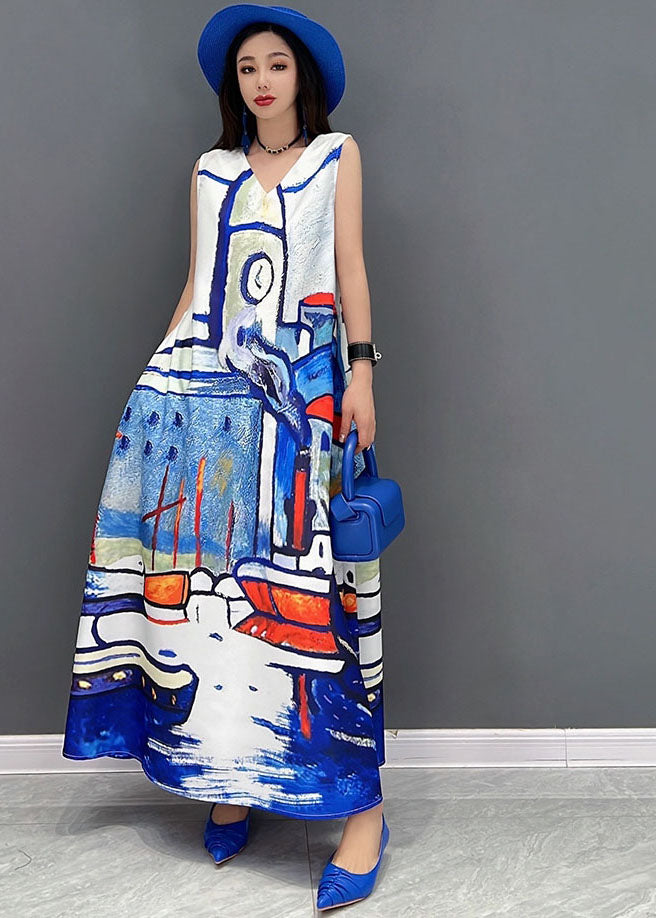 Beautiful White V Neck Graphic Print Chiffon A Line Long Dress Sleeveless