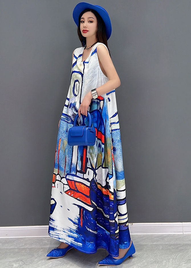 Beautiful White V Neck Graphic Print Chiffon A Line Long Dress Sleeveless