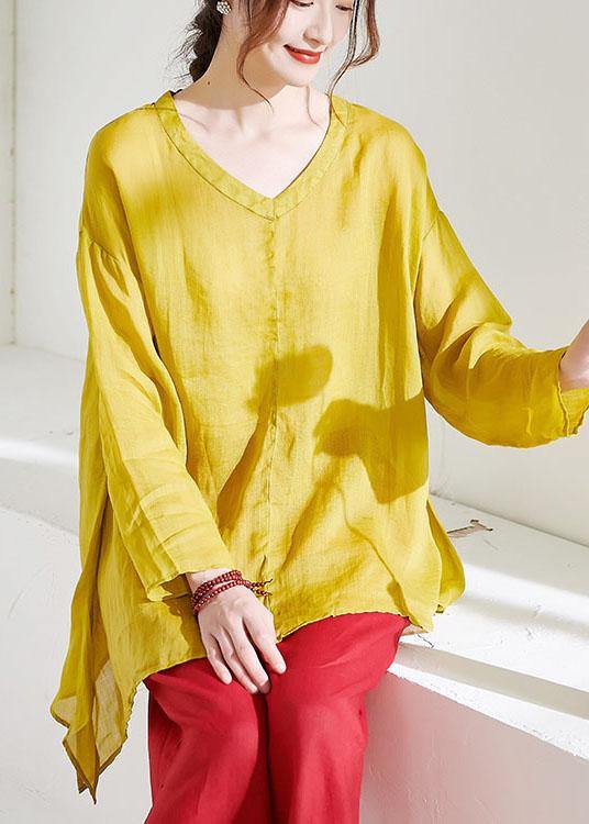 Beautiful Yellow Casual V Neck Asymmetrical Design Summer Ramie Shirt Long sleeve - SooLinen