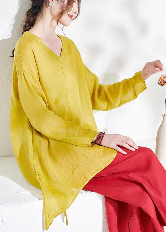 Beautiful Yellow Casual V Neck Asymmetrical Design Summer Ramie Shirt Long sleeve - SooLinen