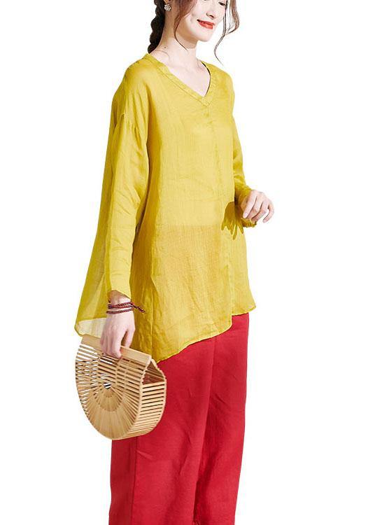 Beautiful Yellow Casual V Neck Asymmetrical Design Summer Ramie Shirt Long sleeve - SooLinen