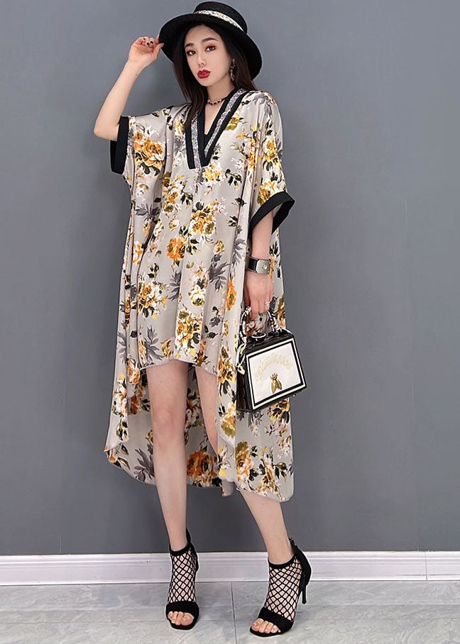 Beautiful Yellow V Neck Asymmetrical Print Chiffon Beach Dress Batwing Sleeve