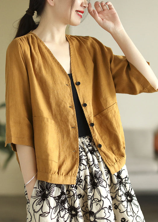 Beautiful Yellow V Neck Pockets Linen Shirt Tops Half Sleeve