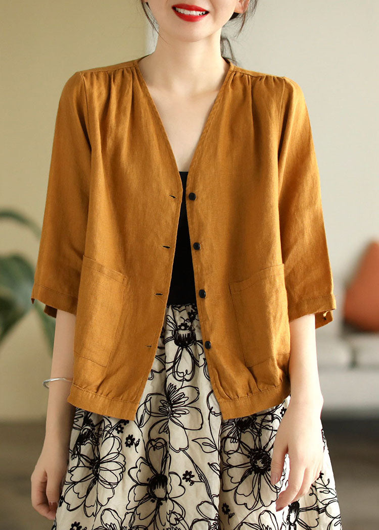 Beautiful Yellow V Neck Pockets Linen Shirt Tops Half Sleeve