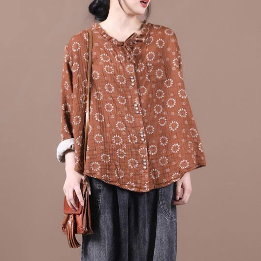 Beautiful brown print top silhouette o neck Button Down Dresses blouses - SooLinen