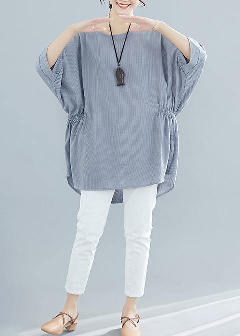 Beautiful gray striped cotton clothes For Women Batwing Sleeve loose summer blouse - SooLinen