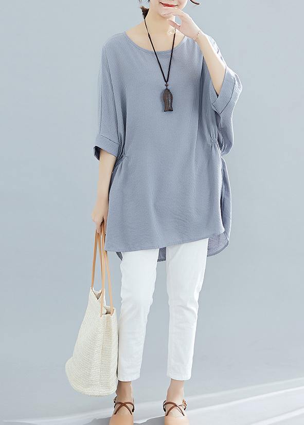 Beautiful gray striped cotton clothes For Women Batwing Sleeve loose summer blouse - SooLinen