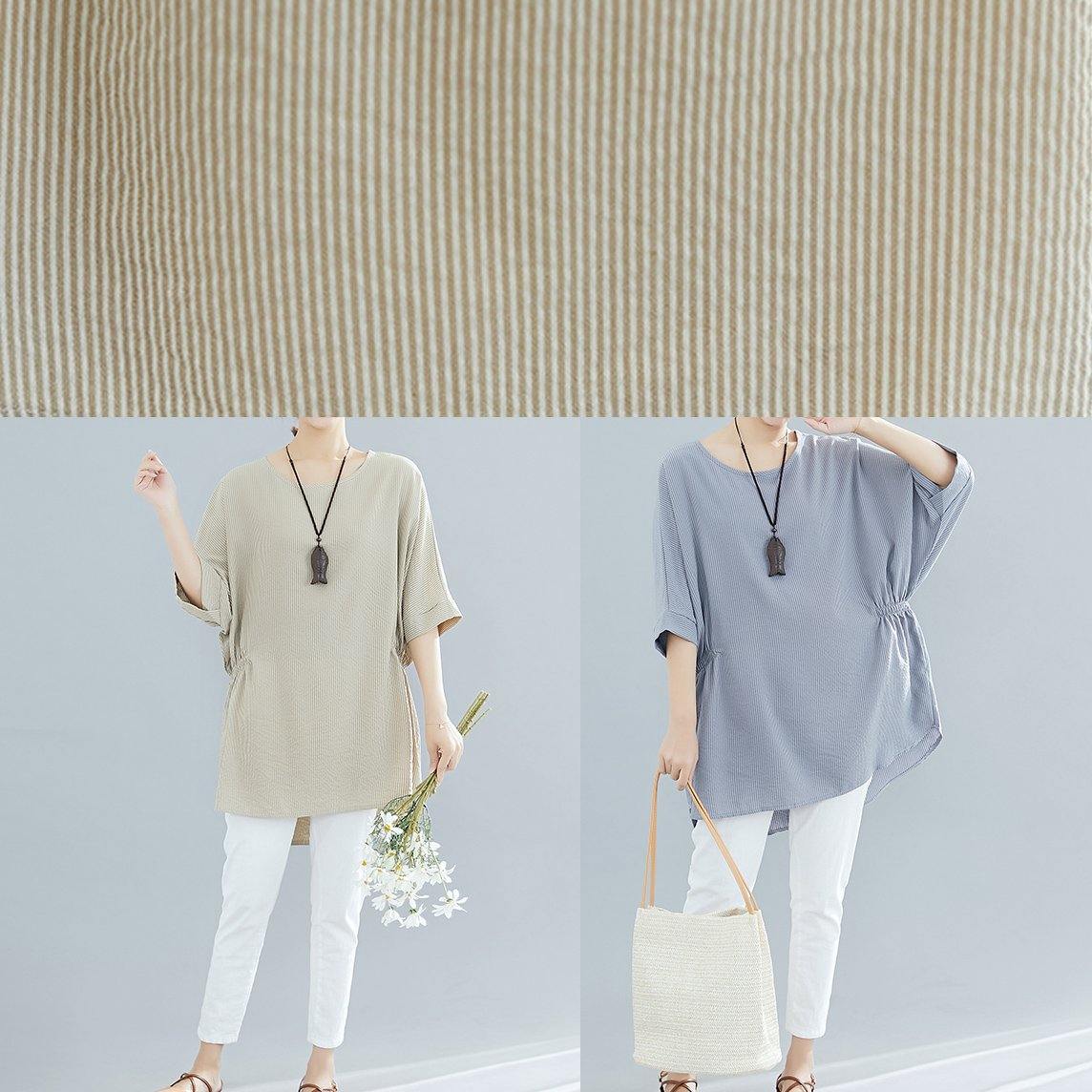 Beautiful gray striped cotton clothes For Women Batwing Sleeve loose summer blouse - SooLinen