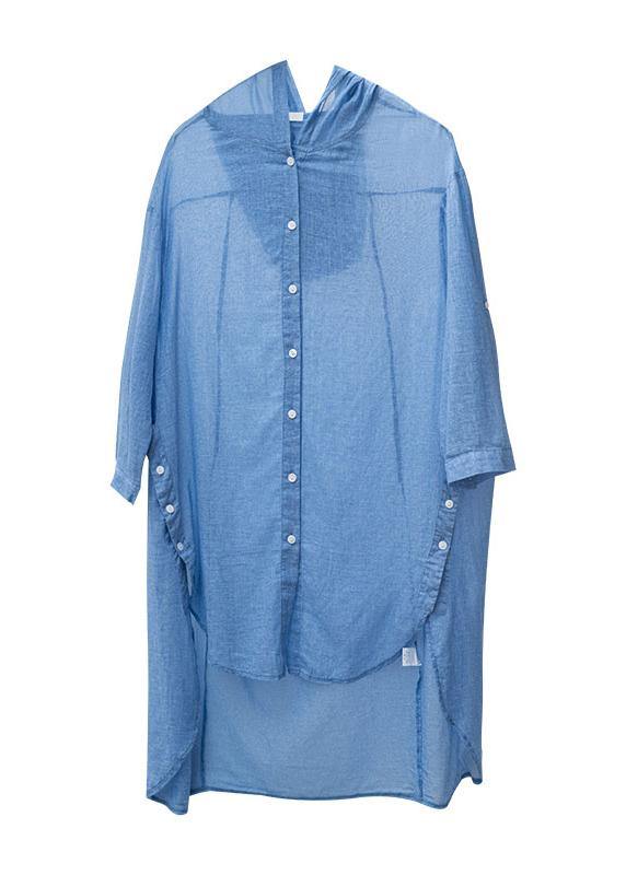 Beautiful hooded cotton summer linen tops women blouses Christmas Gifts blue tops - SooLinen