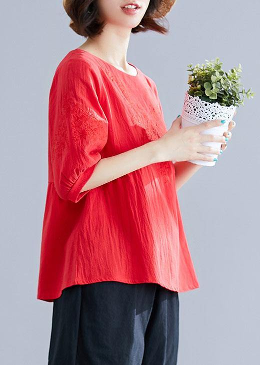 Beautiful o neck embroidery cotton Shirts Fashion Ideas red tops summer - SooLinen