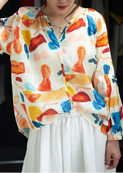 Beautiful orange print clothes v neck low high design summer blouse - SooLinen