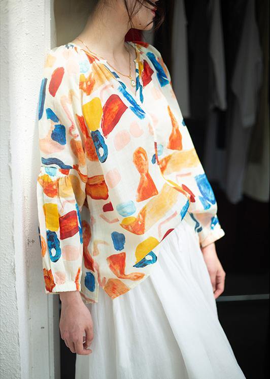 Beautiful orange print clothes v neck low high design summer blouse - SooLinen