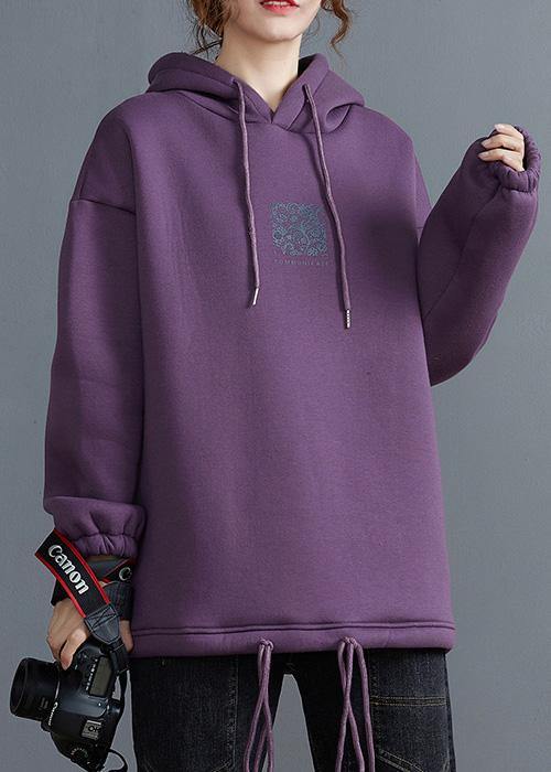 Beautiful purple tunic top hooded drawstring blouses - SooLinen