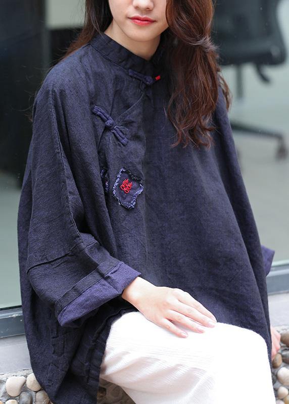 Beautiful stand collar Batwing Sleeve Tunic Cotton navy shirts - SooLinen