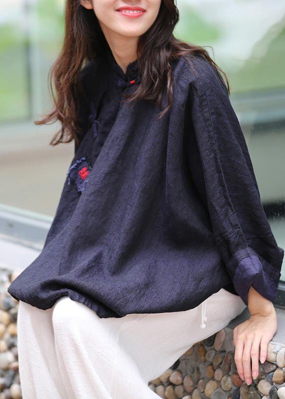 Beautiful stand collar Batwing Sleeve Tunic Cotton navy shirts - SooLinen