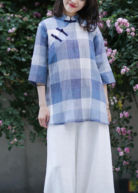 Beautiful stand collar linen top silhouette Sewing blue plaid tops - SooLinen