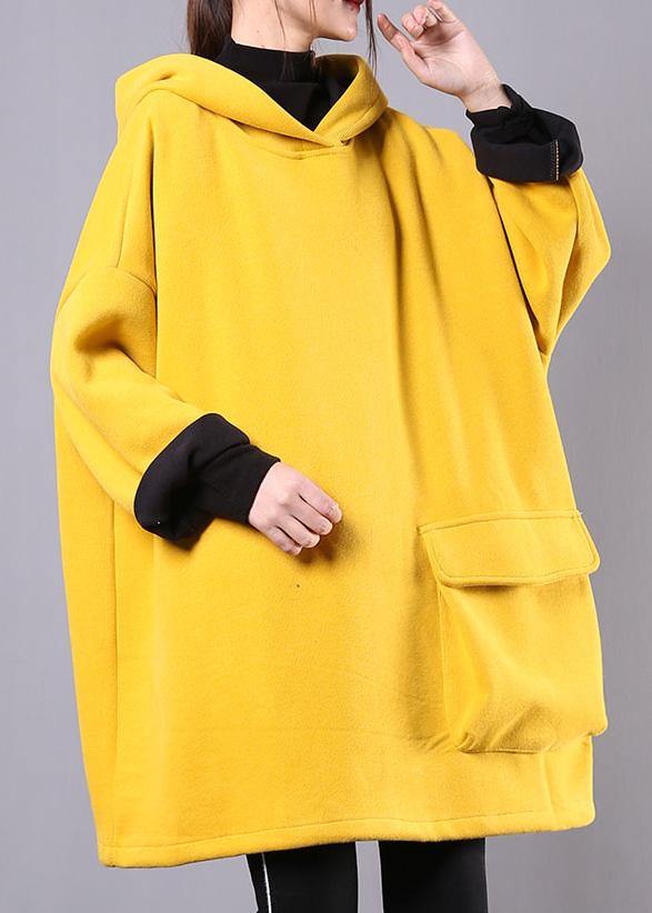 Beautiful yellow cotton linen tops women hooded thick daily blouse - SooLinen