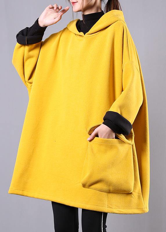 Beautiful yellow cotton linen tops women hooded thick daily blouse - SooLinen