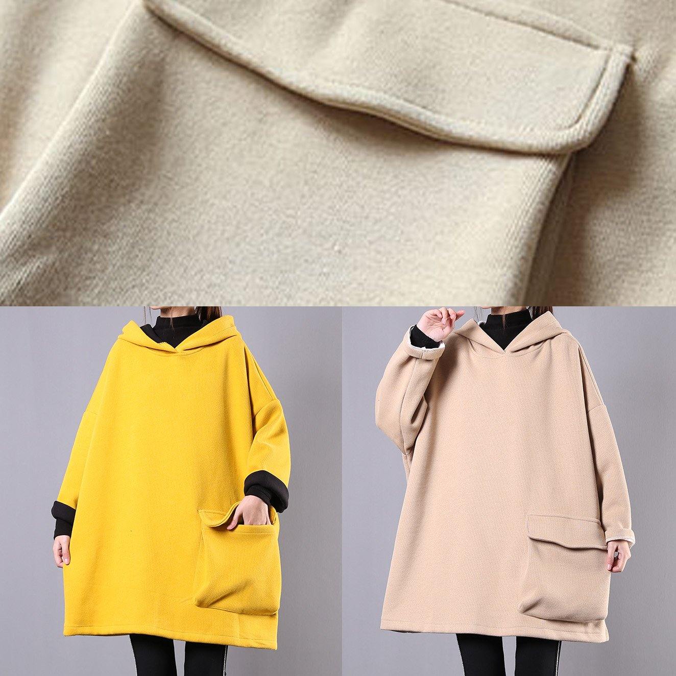 Beautiful yellow cotton linen tops women hooded thick daily blouse - SooLinen