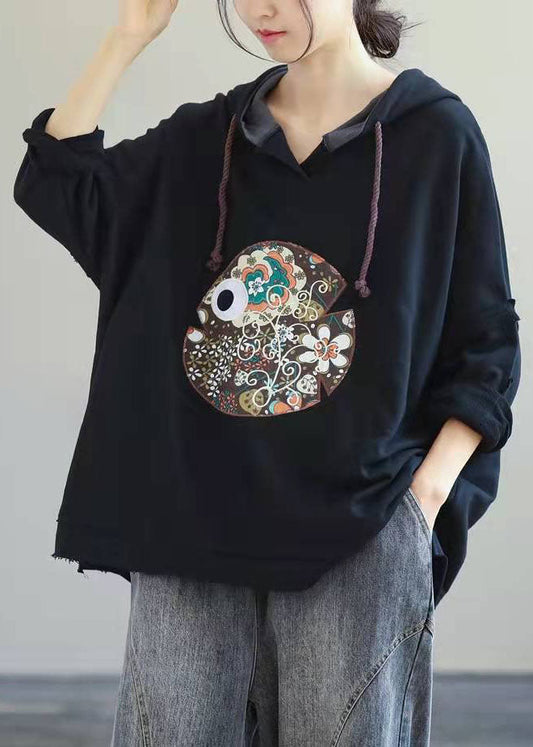 Beautiful Navy Hooded Drawstring Embroideried Fall Side Open Sweatshirts Top