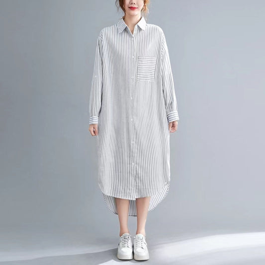 Beautiful nude white striped linen clothes For Women Korea Sewing side open Dresses lapel collar Dresses