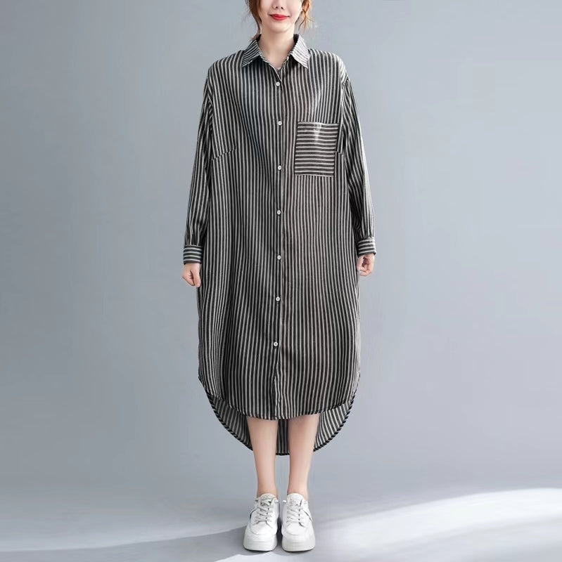 Beautiful nude white striped linen clothes For Women Korea Sewing side open Dresses lapel collar Dresses