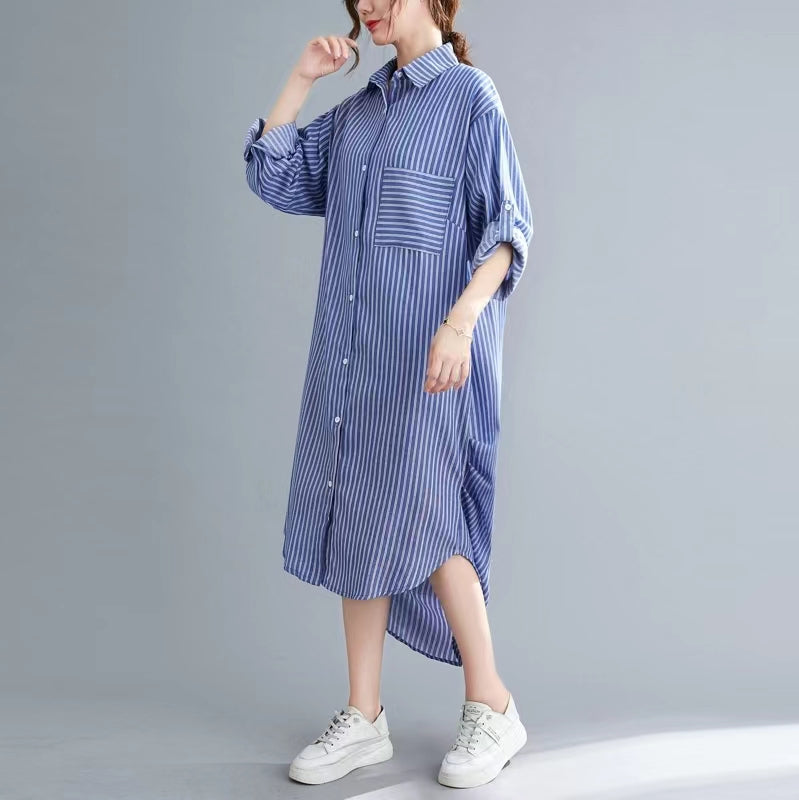 Beautiful nude white striped linen clothes For Women Korea Sewing side open Dresses lapel collar Dresses