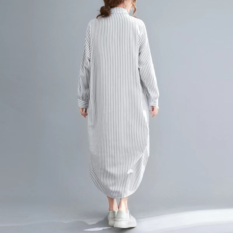 Beautiful nude white striped linen clothes For Women Korea Sewing side open Dresses lapel collar Dresses