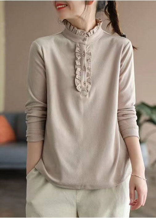 Beige Cotton Blouses Stand Collar Wrinkled Spring