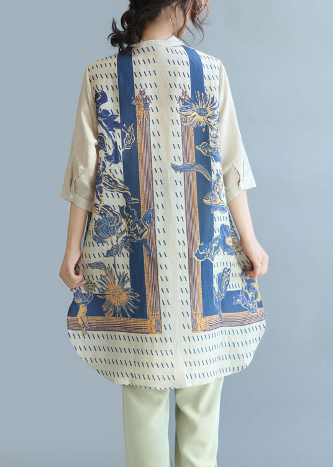 Beige Print Linen Long Shirt Top Side Open Half Sleeve