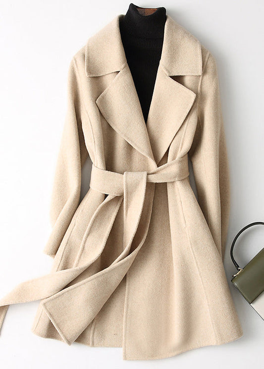 Beige Turtleneck Tie Waist Woolen Coats Fall